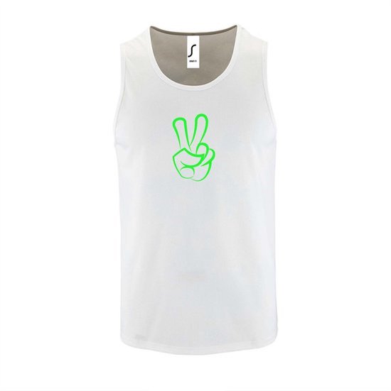 Witte Tanktop sportshirt met "Peace / Vrede teken" Print Neon Groen Size L