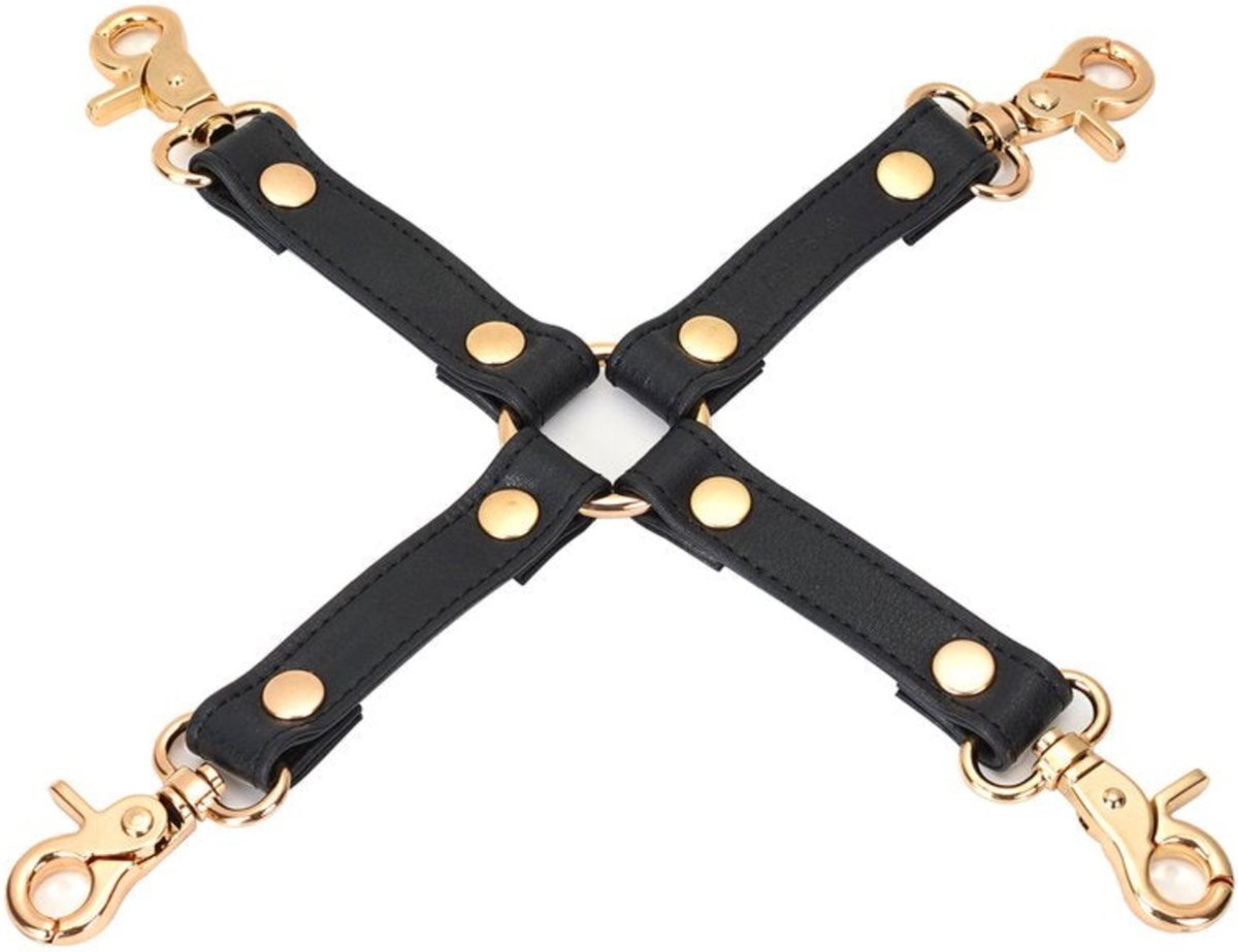 Goedkoopste Dark Secret Exclusieve Lederen Hogtie Bondagehulp met goud metalen beslag - zwart/goud