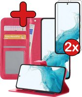 Samsung Galaxy S22 Plus Hoesje Book Case Hoes Portemonnee Cover Met 2x Screenprotector - Samsung Galaxy S22 Plus Case Hoesje Wallet Case - Donkerroze