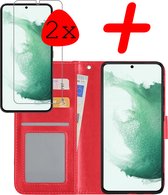 Hoes Geschikt voor Samsung S22 Plus Hoesje Bookcase Hoes Flip Case Book Cover Met 2x Screenprotector - Hoesje Geschikt voor Samsung Galaxy S22 Plus Hoes Book Case Hoesje - Rood