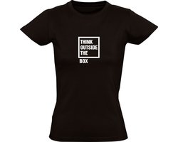 Think outside the box | Dames T-shirt | Zwart | Buiten de doos denken | Analyse | Effect | Kader | Mindset | Slim | Succes | Toekomst