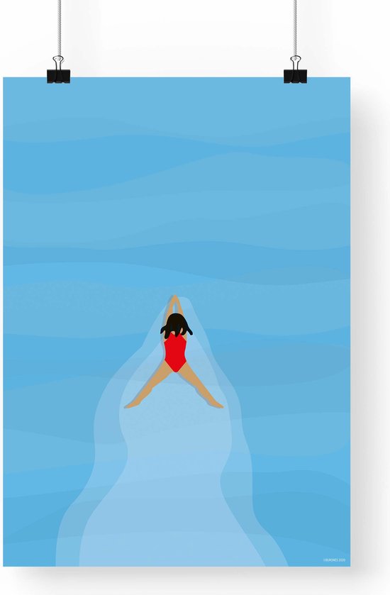 Poster 'Gewoon blijven zwemmen' -  A3 formaat - Zee illustratie - Zwemmer badpak - Blauw water - Schoolslag - Watersport - Open water buitensport