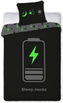 1-persoons dekbedovertrek (dekbed hoes) zwart / grijs met batterij icoontje ‘’sleep mode’’ (iPhone / mobiele telefoon / smart Phone) in fel neon groen (game) KATOEN 140 x 200 cm (c