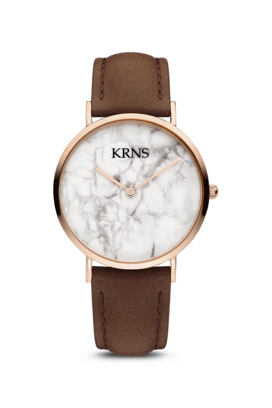 KRNS 1019 - Horloge - Analoog - Dames - Vrouwen - Leren band - Gemarmerde wijzerplaat - Bruin - Rosékleurig - Wit