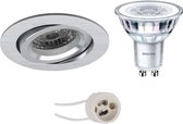 LED Spot Set - Pragmi Aerony Pro - GU10 Fitting - Inbouw Rond - Mat Zilver - Kantelbaar - Ø82mm - Philips - CorePro 827 36D - 4W - Warm Wit 2700K - Dimbaar - BES LED