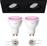 Pragmi Borny Pro - Inbouw Rechthoek Dubbel - Mat Zwart - Kantelbaar - 175x92mm - Philips Hue - LED Spot Set GU10 - White and Color Ambiance - Bluetooth - BES LED