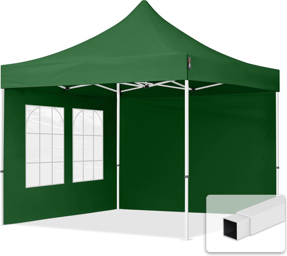 3x3m easy up partytent vouwtent – 2 zijwanden (met kerkvensters) paviljoen PES300 stalen frame groen