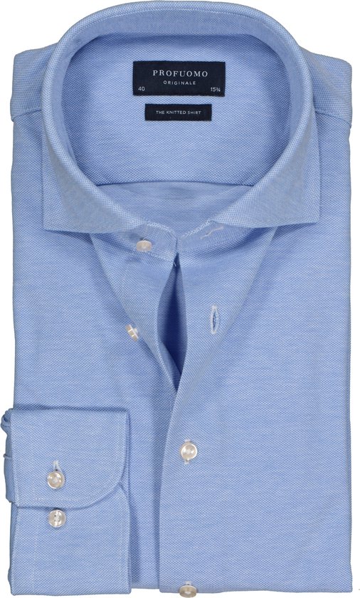 Profuomo slim fit jersey overhemd - knitted shirt pique - lichtblauw melange - Strijkvrij - Boordmaat: 44