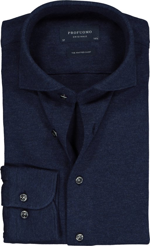 Profuomo slim fit jersey overhemd - knitted shirt pique - navy melange - Strijkvrij - Boordmaat: 37