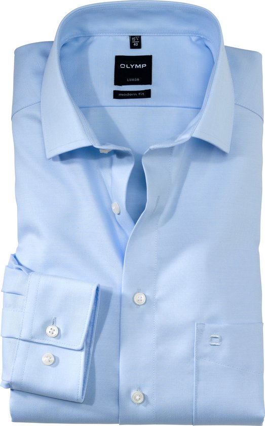 OLYMP Luxor modern fit overhemd - lichtblauw twill - Strijkvrij - Boordmaat: 40