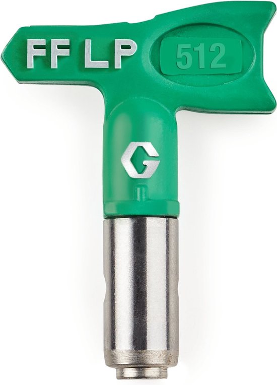 Groene Graco spuitmond met de tekst 'FF LP 512' en een zilveren metalen houder.