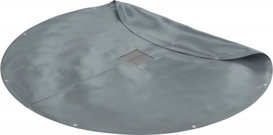 Ronde antracietkleurige Akrobat trampolineafdekhoes van 430 cm met ventilatiegat in het midden en metalen oogjes.
