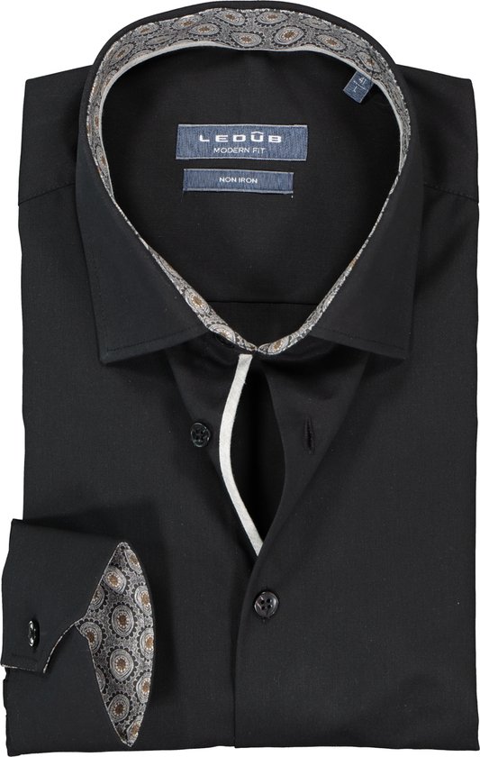 Ledub overhemd modern fit overhemd - zwart (grijs dessin contrast) - Strijkvrij - Boordmaat: 38