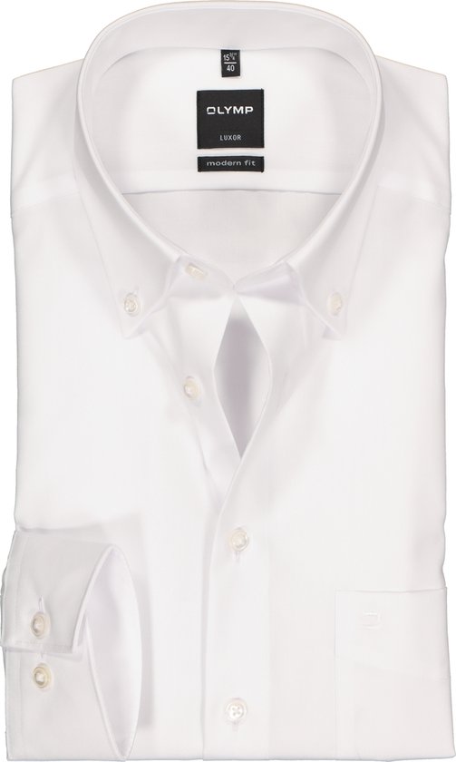 OLYMP Luxor modern fit overhemd - wit met button-down kraag - Strijkvrij - Boordmaat: