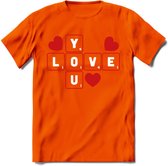 Love You - Valentijn T-Shirt | Grappig Valentijnsdag Cadeautje voor Hem en Haar | Dames - Heren - Unisex | Kleding Cadeau | - Oranje - S