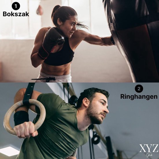 Boven: vrouw bokst tegen bokszak. Beneden: man met ringen voor ringen turnen.