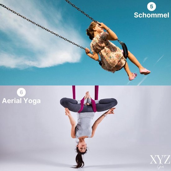 Boven: meisje op een schommel onder een blauwe hemel. Beneden: vrouw doet aerial yoga.