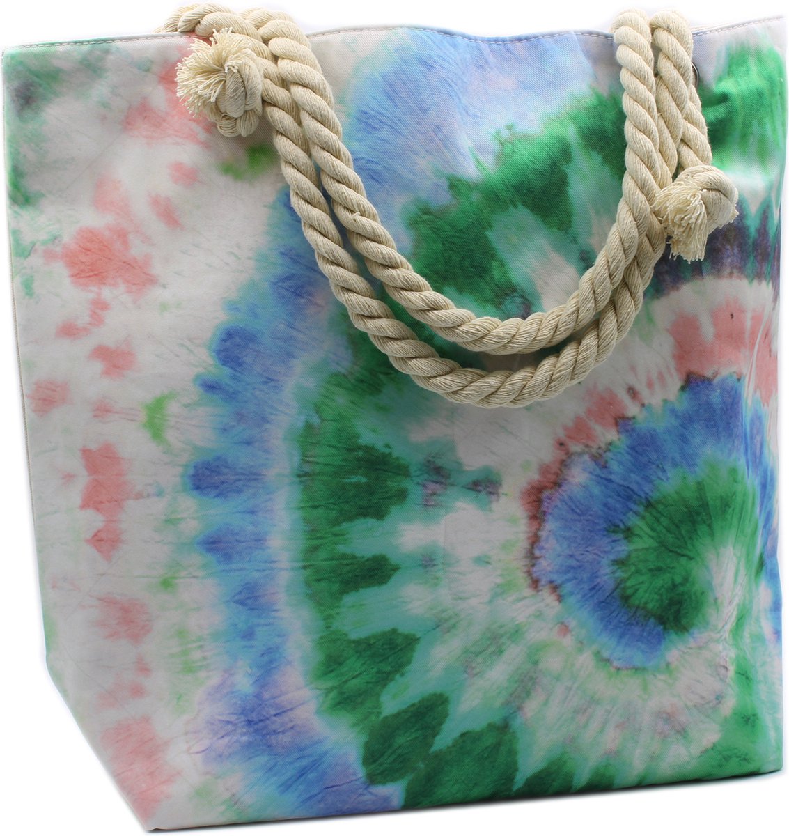 Strandtas - Crème, Blauw & Groen - Psychedelische Batiktas - Tie-Dye - 45,5x14,5x38,5cm