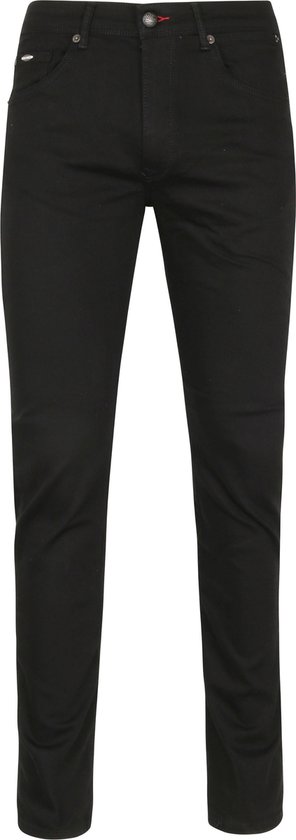 Detail van de voorkant van een zwarte heren jeans, met naden en zakken.