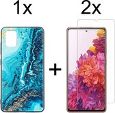 Samsung S21 Plus Hoesje - Samsung Galaxy S21 Plus Hoesje Marmer Donkerblauw Oceaan Print Siliconen Case - 2x Samsung S21 Plus Screenprotector