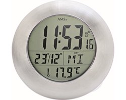 AMS F5929 - Wandklok - Digitaal - Kunststof - Radiogestuurde tijdsaanduiding - Mineraal Glas - Zuignappen - Zilverkleurig - Wit