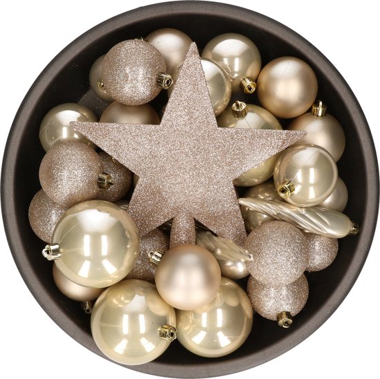 Bellatio Decorations Kerstballen - 33 st - parel/champagne - met piek - kunststof - 6 cm