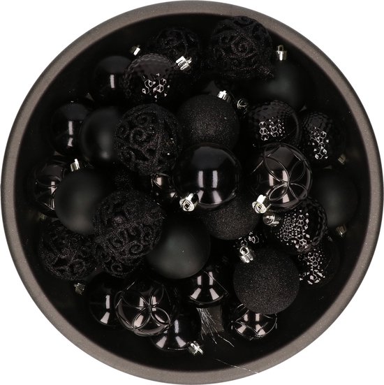 Bellatio decorations Kerstballen - 37 stuks - zwart - mix - kunststof - 6 cm