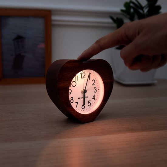 Navaris analoge houten wekker - Vierkant - Retro tafelklok met alarm, sluimerfunctie en backlight - Lichtbruin met witte wijzerplaat