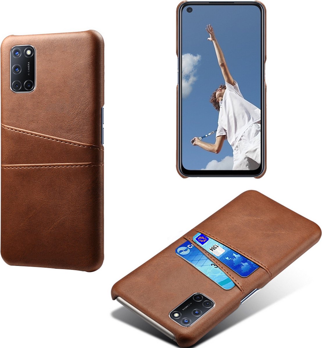 Back Cover met Opbergvakjes + Gehard Glas Screenprotector voor OPPO A52_ Donkerbruin