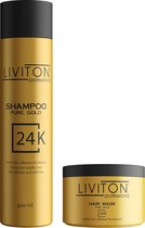 Liviton Pure Gold - Shampoo en Haarmasker - 24 essentiële oliën - Beschadigd haar - Sneller haargroei - Haarverzorging Set - 300 ml