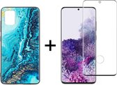 Samsung S20 Plus Hoesje - Samsung Galaxy S20 Plus Hoesje Marmer Donkerblauw Oceaan Print Siliconen Case - Full Cover - 1x Samsung S20 Plus Screenprotector