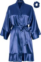 Satijnen kimono ruffle navy blauw – kort model dames kimono – satijnen ochtendjas – satijnen kamerjas – negligé – onesize (36-42) – 100% satijn polyester – Satin Luxury – trendy ki
