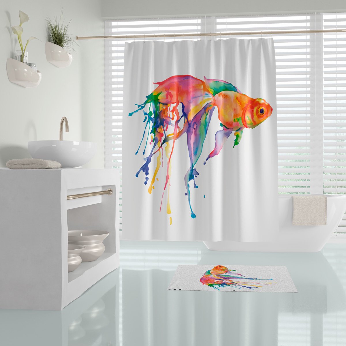 Zethome Goldfish - Douchegordijn - Badmat - Douchegordijn 180x200 cm - Badkamermat 50x80 cm - Wit