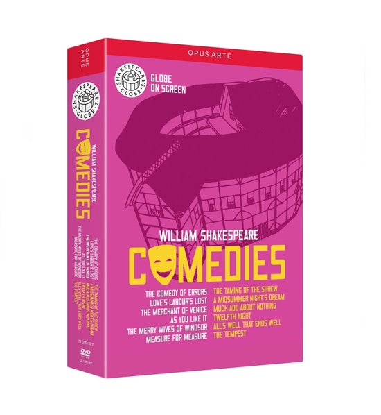DVD box set van Shakespeare's Comedies met afbeelding van het Globe Theatre en een lachend masker.