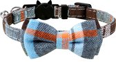 Katten halsband - strik - geruite stof - blauw - veiligheidssluiting