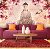 Fotobehangkoning - Behang - Vliesbehang - Fotobehang XXL - Boeddha en magnolia - Boedha - Budha - Buddha - 550 x 270 cm