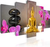 Schilderij - Golden Buddha and orchids.
