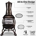 Bronzen terrasoven, 'All-in-One Design', met deksel, metalen body, beschermrooster, grillrooster en houtrooster.