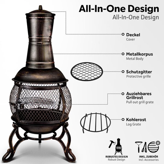 Bronzen terrasoven, 'All-in-One Design', met deksel, metalen body, beschermrooster, grillrooster en houtrooster.