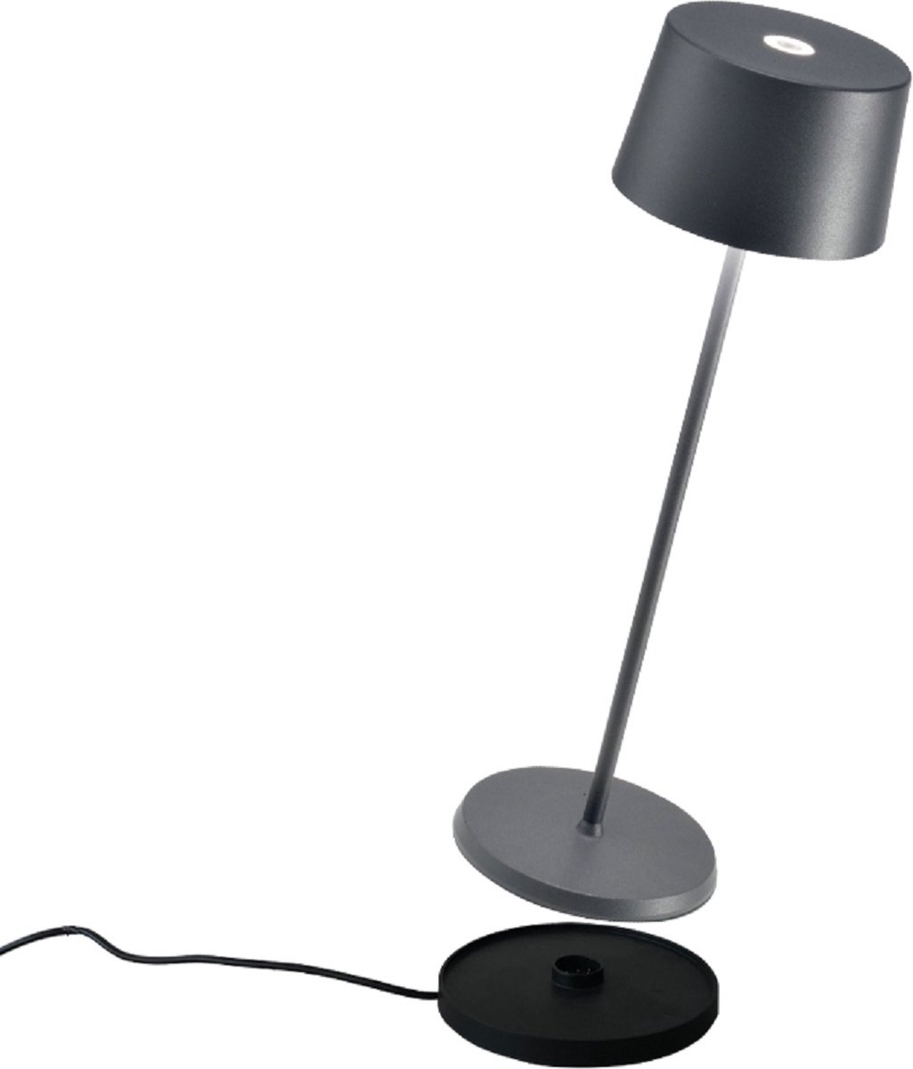 Zafferano - Olivia - Donker Grijs - H35.5cm - Ledlamp - Bureaulamp – Tafellamp – Snoerloos – Verplaatsbaar – Duurzaam - Voor binnen en buiten – LED - Dimbaar - 3000K - IP65 Spat Waterdicht - USB oplaadbaar