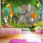 Fotobehangkoning - Behang - Vliesbehang - Fotobehang Jungle Dieren - Kinderbehang Colourful Safari - 300 x 210 cm