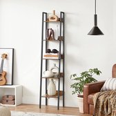 FURNIBELLA- boekenkast, ladder plank met 5 planken, open, vloer plank, smal, voor woonkamer, slaapkamer, keuken, kantoor, metalen frame, industrieel ontwerp, vintage bruin-zwart LL