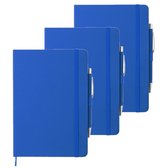 Set van 3x stuks luxe schriften/notitieboekje blauw met elastiek en pen A5 formaat - 100x gelinieerde paginas - opschrijfboekjes