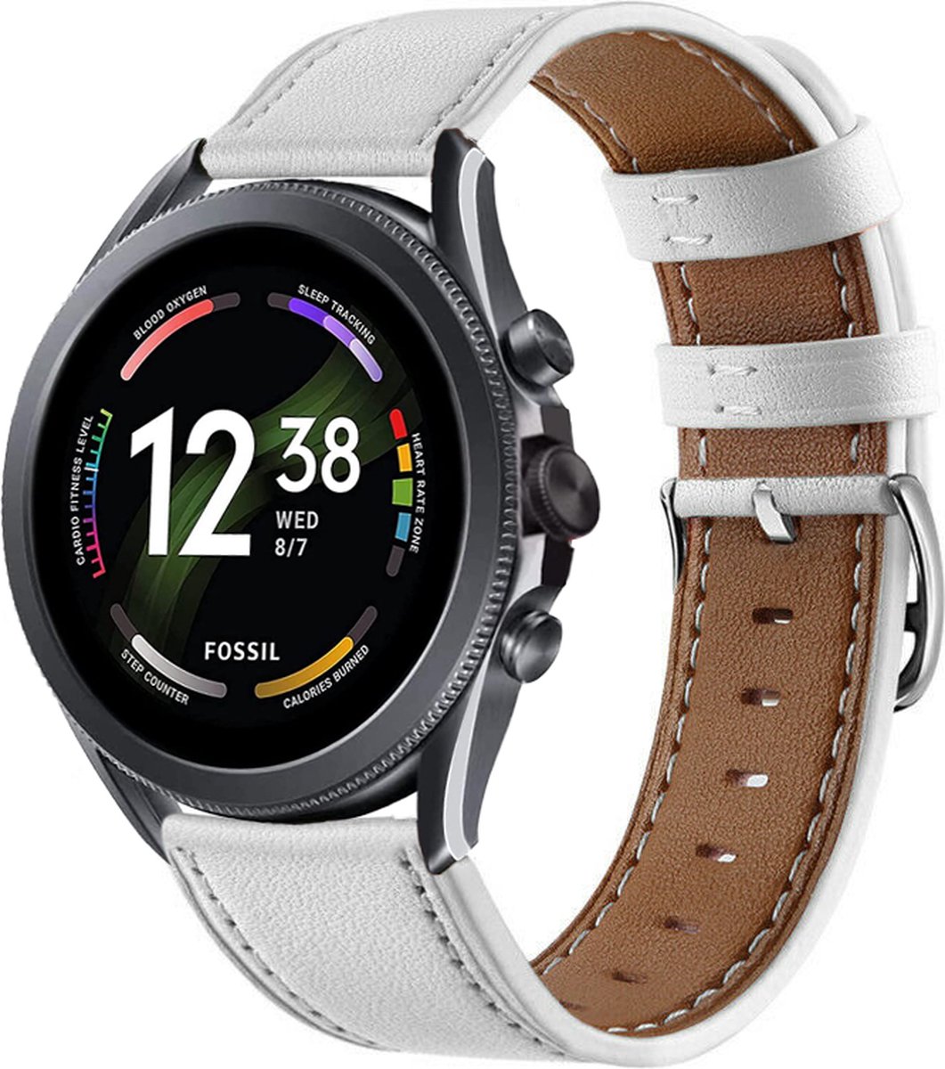 Strap-it Echt Leren Smartwatch Bandje – Geschikt voor Fossil Gen 6 44mm / Gen 5e 44mm / Gen 5 – Wit