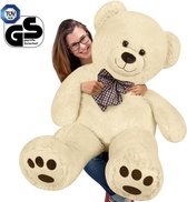 Teddybeer Knuffelbeer XL 100 cm Creme Pluche Knuffel met Strik Grote Teddy Beer Valentijn Kado Cadeau Pootafdruk