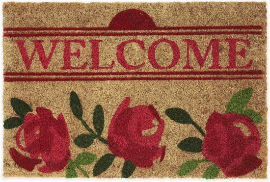 Relaxdays deurmat WELCOME - met rozen - voetmat - 60 x 40 cm - kokosmat - rechthoekig