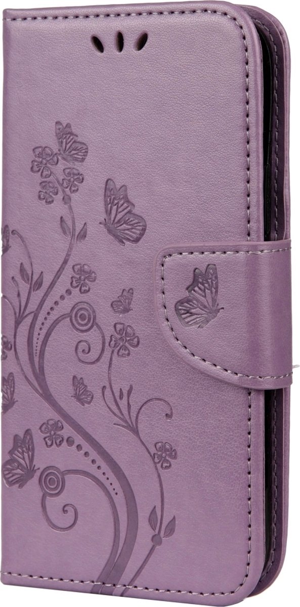 Mobigear Telefoonhoesje geschikt voor Apple iPhone 12 Pro Hoesje | Mobigear Flowers Bookcase Portemonnee | Pasjeshouder voor 2 Pasjes | Telefoonhoesje voor Pinpas / OV Kaart / Rijbewijs - Paars