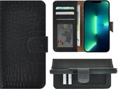 iPhone 13 Pro Hoesje - Bookcase - Portemonnee Hoes Echt leer Wallet case Croco Zwart