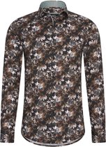 Heren overhemd Lange mouwen - MarshallDenim - Zwart met bruin en beige bloemenprint- Slim fit met stretch - maat M