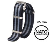 22mm Nato Strap Zwart met Grijze Strepen - Vintage James Bond - Nato Strap collectie - Mannen - Horlogebanden - 22 mm bandbreedte